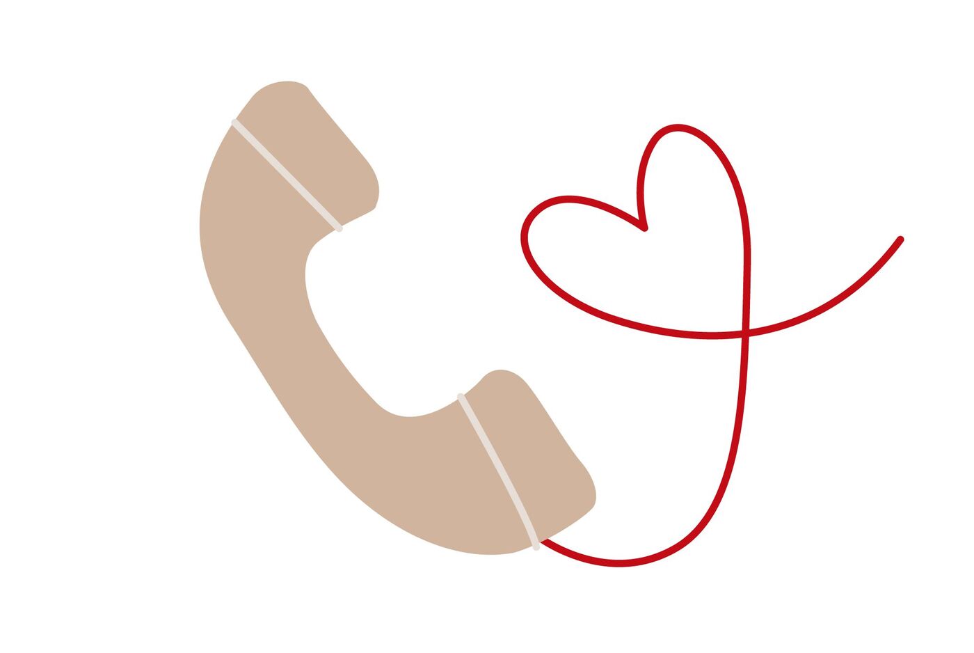 Un auricular beige con un corazón rojo atado con hilo.