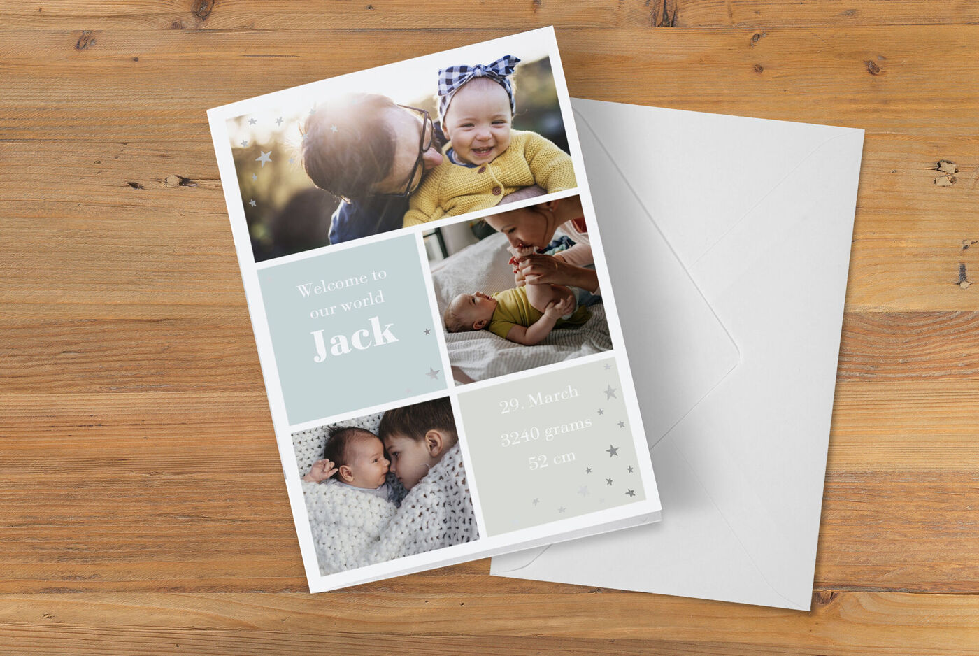 Dos fotos de un bebé, junto a una tarjeta que dice "Bienvenido, somos Jack".