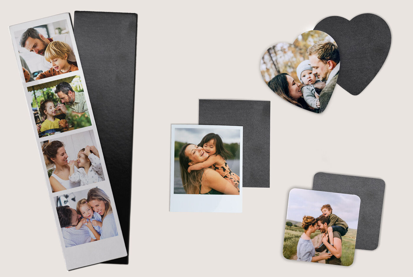 imanes personalizados con fotos: cuadrados, corazón y tiras de fotos.